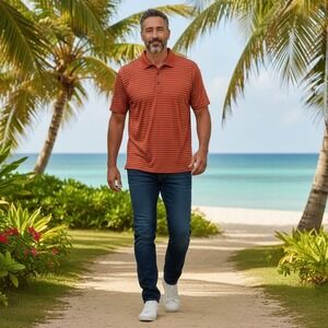 Tasc Performance Men's Orange Stripe Polo Shirt Short Sleeve Performance ‎ XL